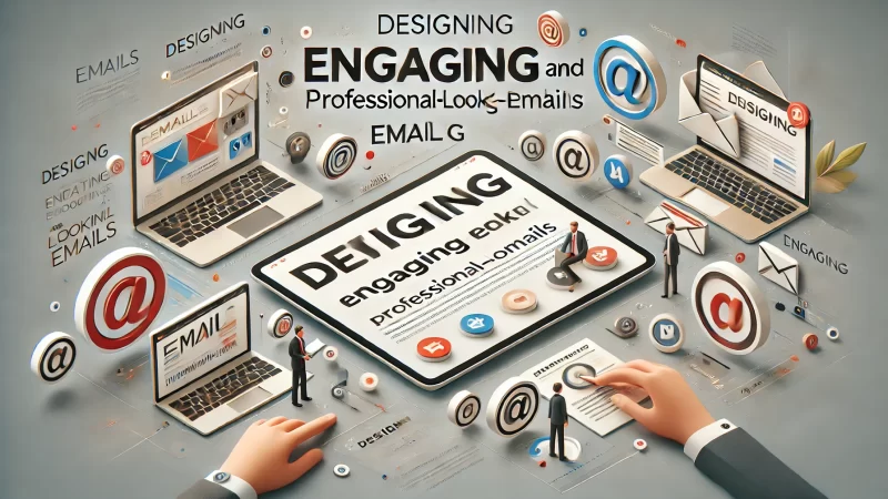 A modern, clean layout for a digital graphic with a bold headline that reads 'Designing Engaging and Professional-Looking Emails.' 