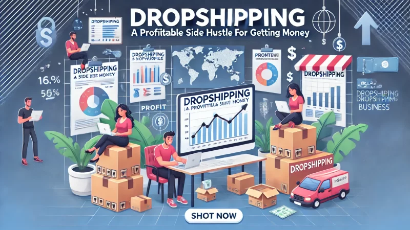 A visually engaging dropshipping promotional image with the text 'Dropshipping_ A Profitable Side Hustle For Getting Money' clearly displayed.