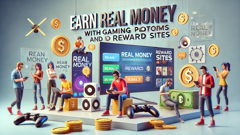 A professional, modern image with a bold heading that reads 'Earn Real Money With Gaming Platforms And Reward Sites.' 