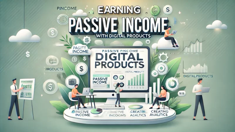 A professional and modern image titled 'Earning Passive Income With Digital Products' with a bold, attention-grabbing headline.