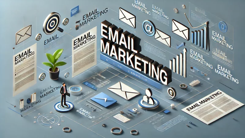 A modern and informative image with a professional layout focusing on 'Email Marketing' as the bold headline. 