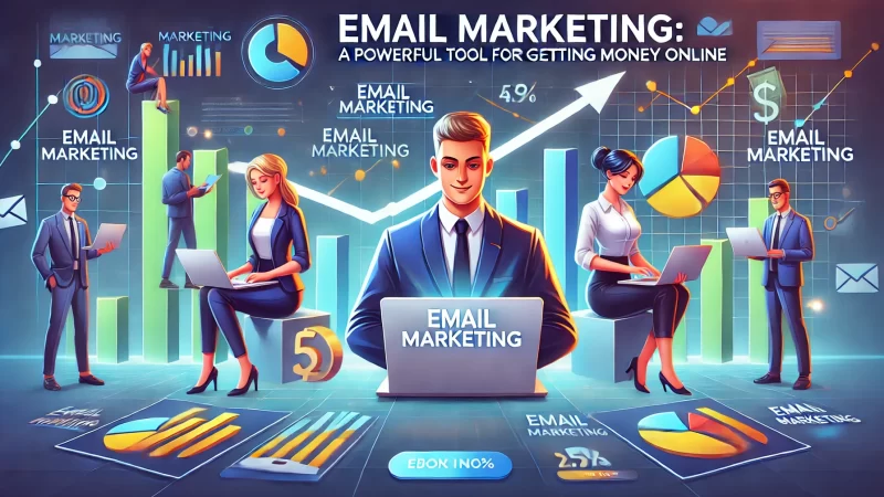 A digital marketing-themed image with bold text at the bottom that says 'Email Marketing_ A Powerful Tool For Getting Money Online.'