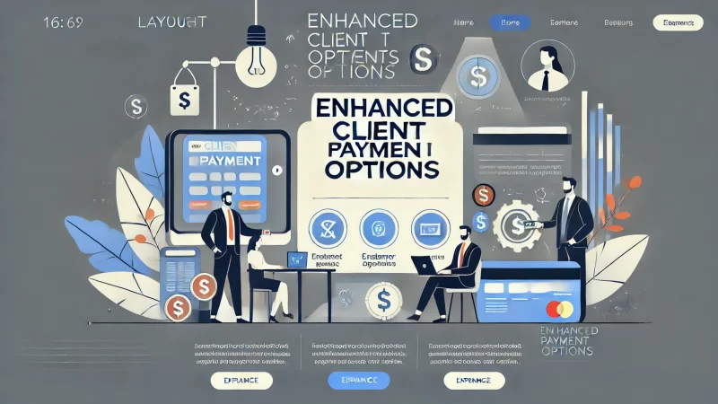 A professional 16:9 layout image featuring the heading 'Enhanced Client Payment Options' in bold, highly readable text, designed to immediately grab attention.