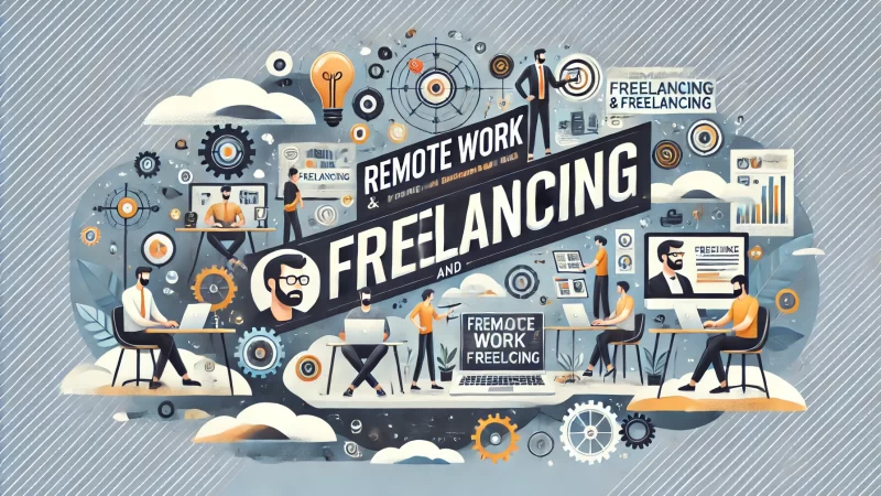 A professional, modern image with a bold heading that reads 'Remote Work And Freelancing.'