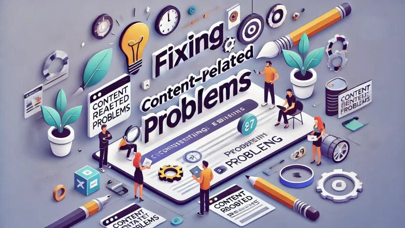 A modern, professional 16:9 image featuring a bold headline 'Fixing Content-Related Problems' in a clean, readable font that stands out.