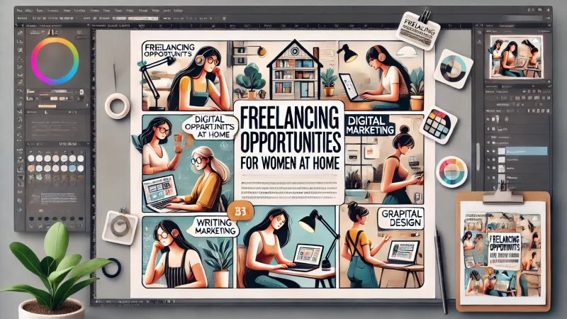 A modern, professional layout for a graphic with the headline 'Freelancing Opportunities For Women At Home.'