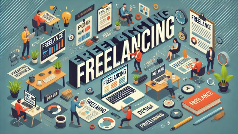 A professional layout for a freelancing header image with a bold, readable headline 'Freelancing' in a modern font.