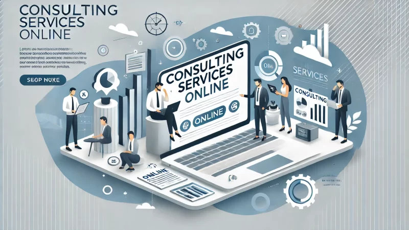 A professional, modern design layout with a bold headline 'Consulting Services Online' at the top, styled to stand out and remain highly readable.