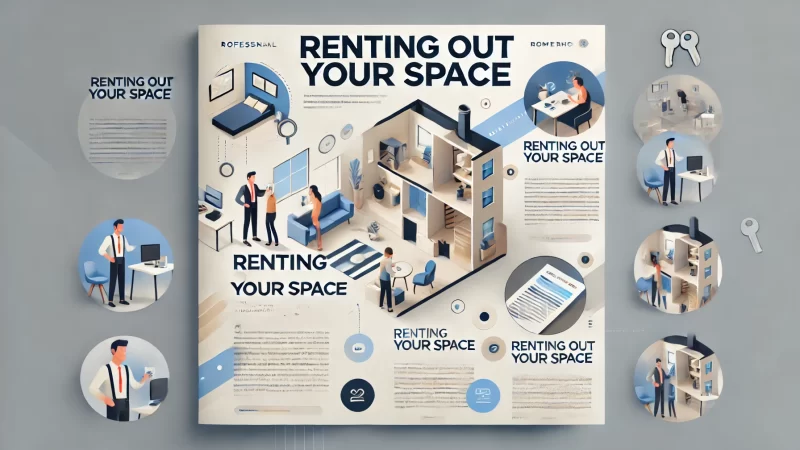 A professional, modern layout with a bold headline 'Renting Out Your Space' at the top, designed to be readable and engaging. 