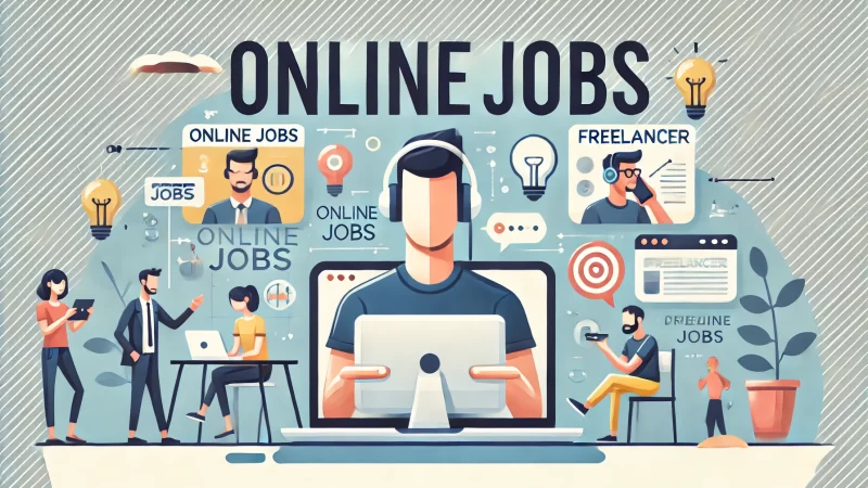 A modern, friendly online jobs-themed graphic with a bold headline reading 'Online Jobs' in clear, standout font. 