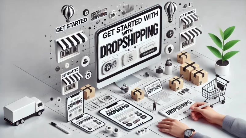 A modern and professional image with the heading 'Get Started With Dropshipping' in bold, clear text that stands out. 