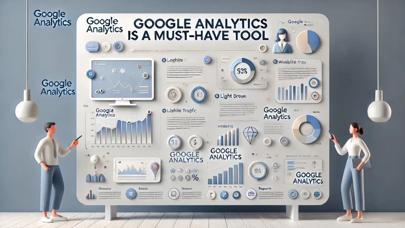 A modern and informative layout for a presentation slide with the heading 'Google Analytics Is A Must-Have Tool'. 