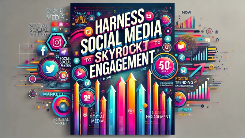 A vibrant digital marketing-themed image with bold, large text that reads 'Harness Social Media to Skyrocket Engagement".