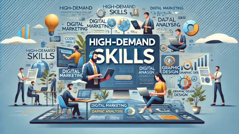 A professional, modern image with a bold heading that reads 'High-Demand Skills.'