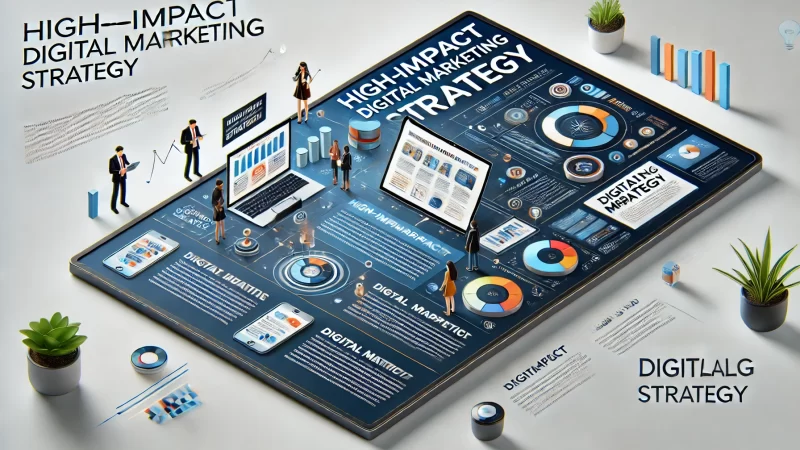 A modern and informative digital marketing strategy layout, featuring a bold headline 'High-Impact Digital Marketing Strategy'.