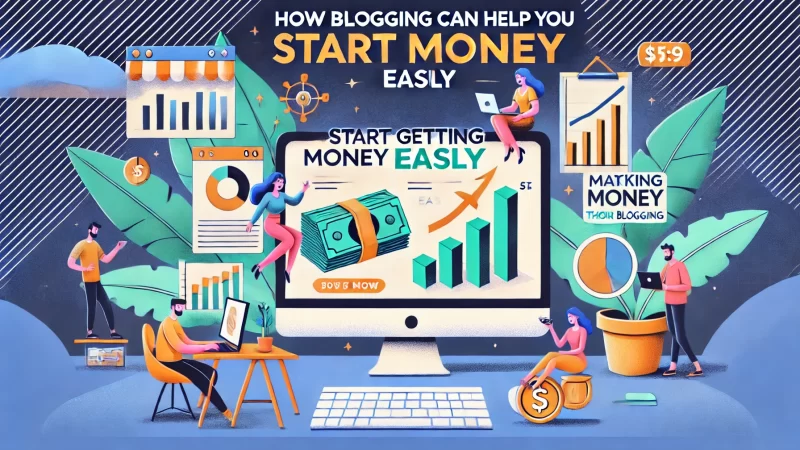 An engaging illustration with the text 'How Blogging Can Help You Start Getting Money Easily' prominently displayed in bold fonts. 