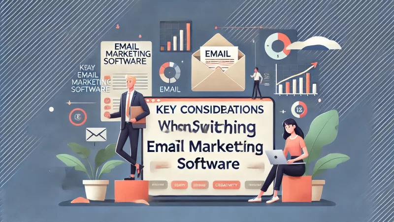 A professional and modern 16:9 layout titled 'Key Considerations When Switching Email Marketing Software.' 