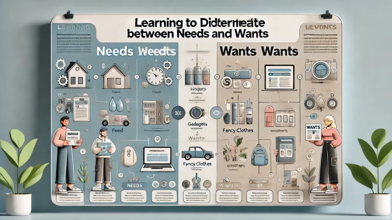 A modern, informative graphic with the heading 'Learning to Differentiate Between Needs and Wants' in bold, clean, and readable text. 