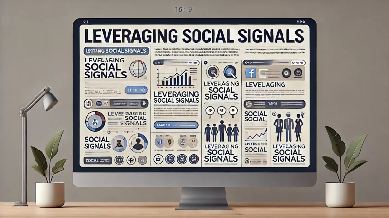 A clean and modern 16:9 digital banner design titled 'Leveraging Social Signals' with bold, highly readable main heading text.