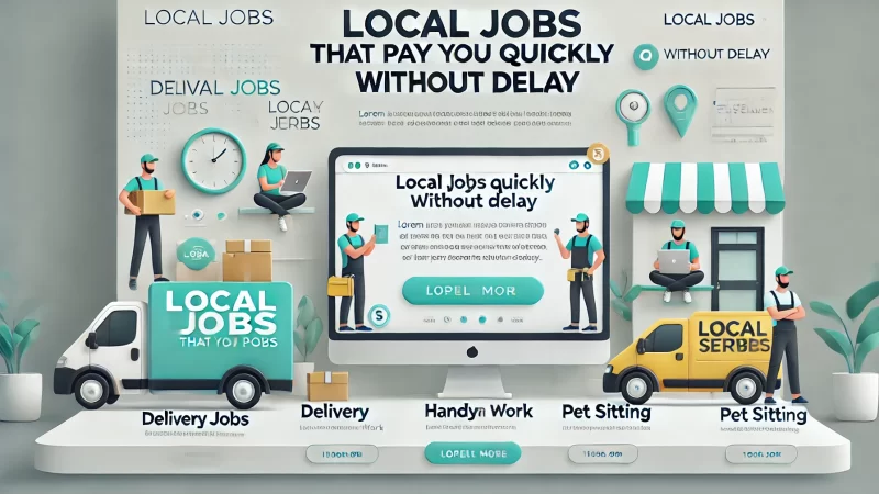 A modern, professional image layout with the headline text 'Local Jobs That Pay You Quickly Without Delay' in bold, readable font at the top.