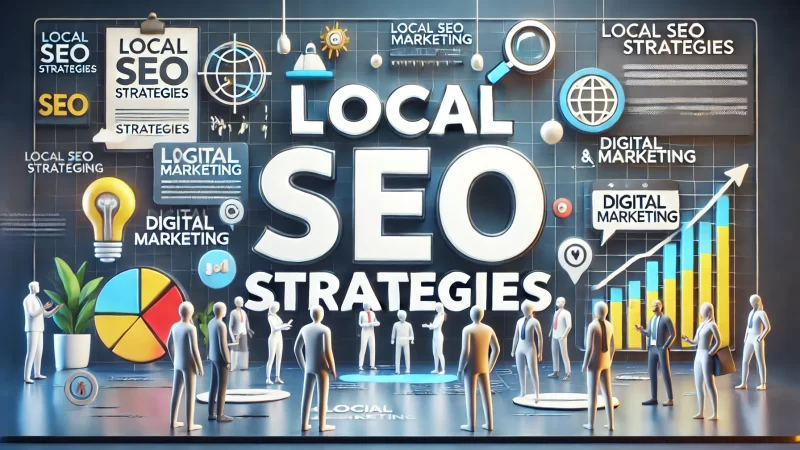 A professional and modern image with the heading 'Local SEO Strategies' prominently displayed in bold, readable font.