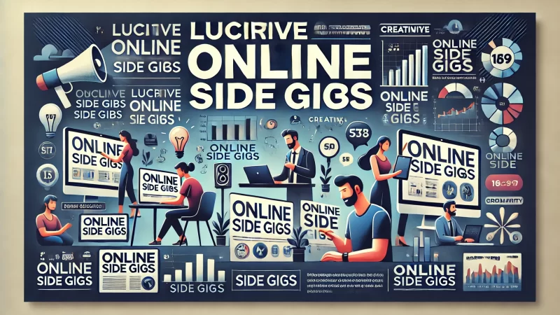 A modern and professional design featuring a bold headline that says 'Lucrative Online Side Gigs.' 