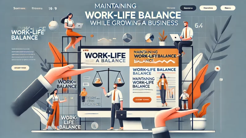 A professional, modern 16:9 layout with a bold headline reading 'Maintaining Work-Life Balance While Growing A Business.' 