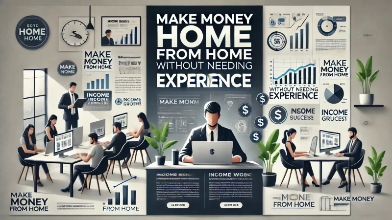 A professional yet creative layout with a bold headline that says 'Make Money from Home Without Needing Experience.' 