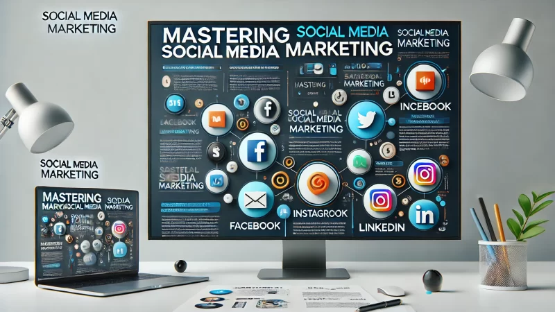 A modern and professional social media marketing image with a bold headline that says 'Mastering Social Media Marketing'.