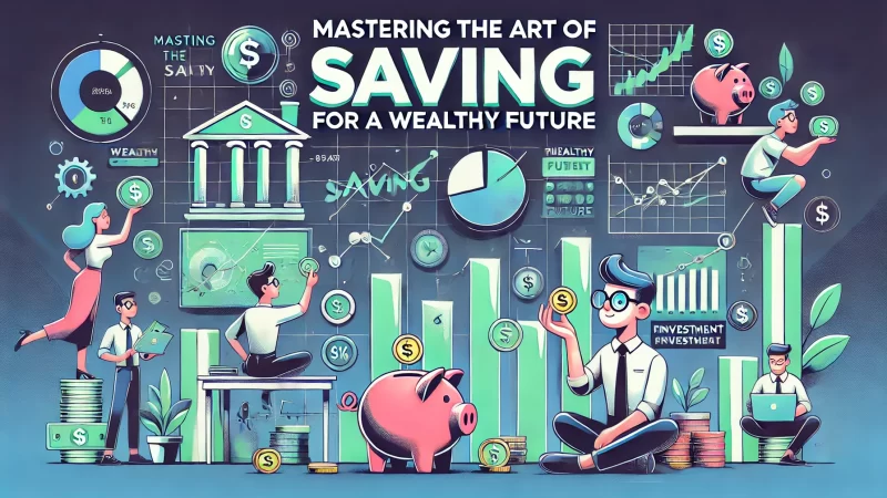 A professional and creative layout featuring the bold headline 'Mastering The Art Of Saving For A Wealthy Future' at the top, in a large, eye-catching font.