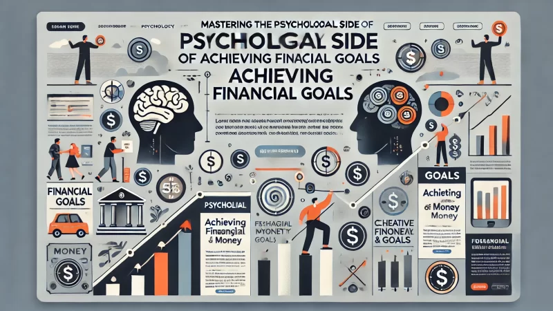 A modern, professional layout for an image with the heading 'Mastering The Psychological Side Of Achieving Financial Goals.'