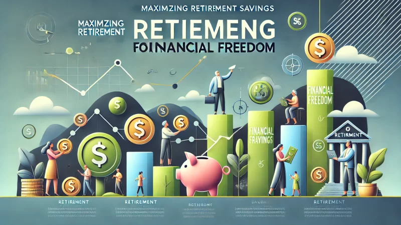 A modern, professional layout for an image with the heading 'Maximizing Retirement Savings For Financial Freedom.'