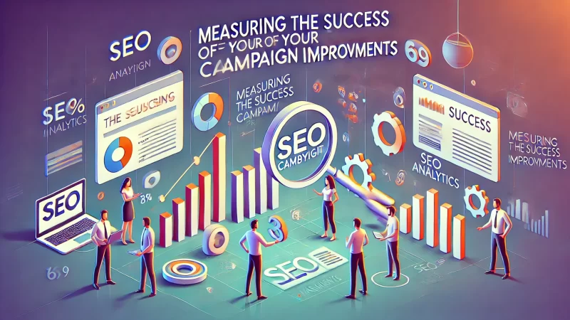 A modern, professional 16:9 image featuring a bold headline 'Measuring The Success Of Your SEO Campaign Improvements' in a clean, readable font that stands out. 