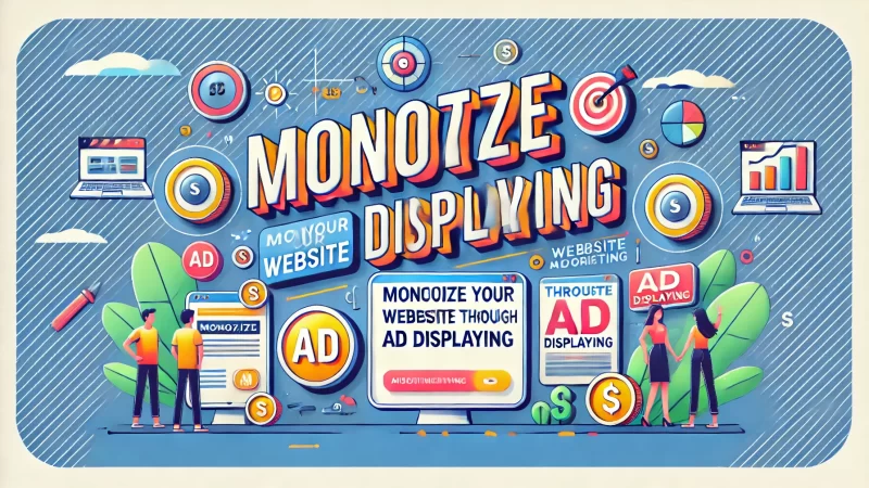 A modern and professional design for a 'Monetize Your Website Through Ad Displaying' text heading. The bold, readable headline stands out in the center, with a clean color scheme emphasizing clarity.