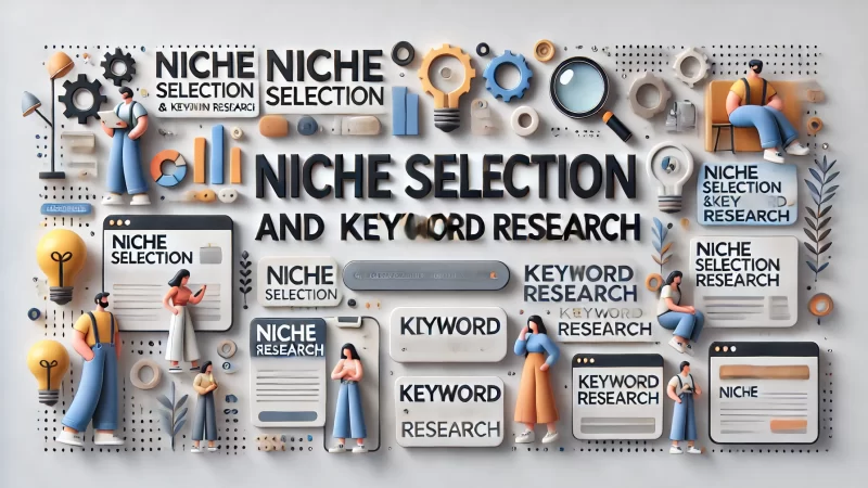 A modern and professional banner image with the text 'Niche Selection And Keyword Research' in a bold, readable font that stands out. 