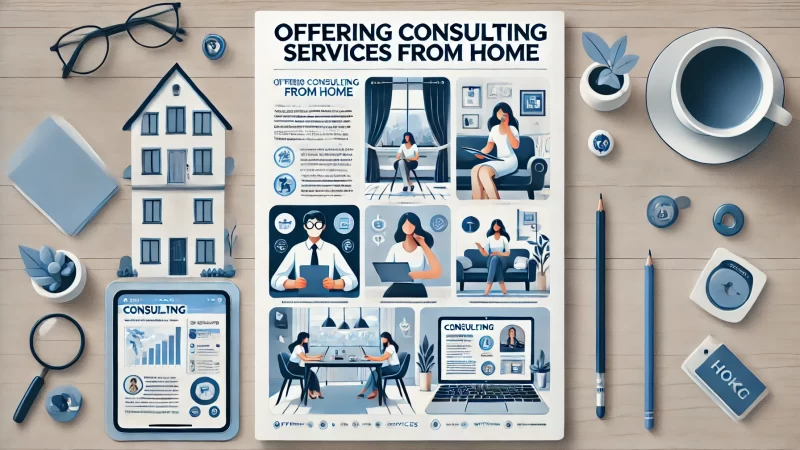 A professional and modern image titled 'Offering Consulting Services From Home' with a bold, standout headline.