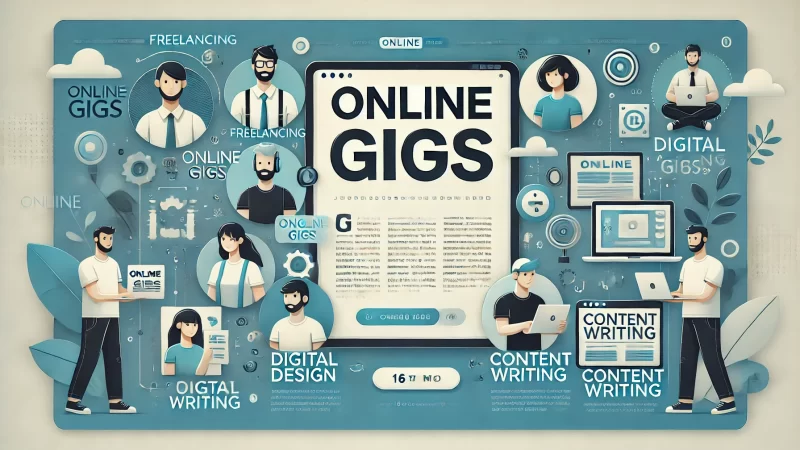 A modern, professional image layout with the headline text 'Online Gigs' in bold, readable font at the top.