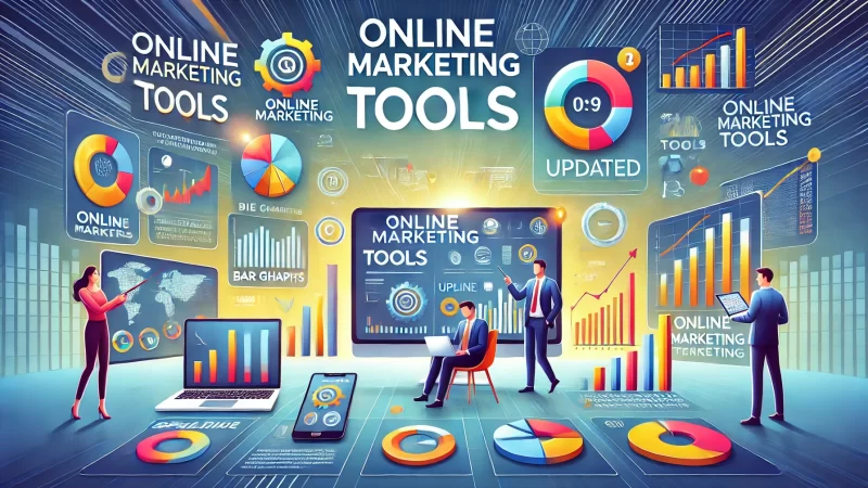 A vibrant and modern design showcasing the text 'Online Marketing Tools' in bold fonts.