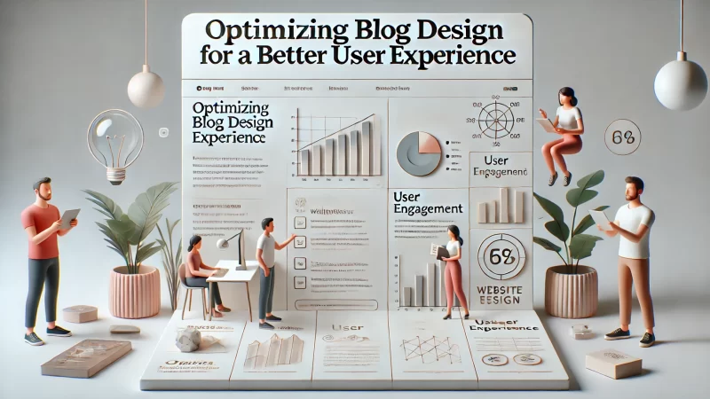 A sleek, modern, and minimalist blog design with the bold headline 'Optimizing Blog Design For A Better User Experience' in a clean font.