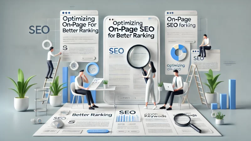 A modern, professional, and clean layout for a web page or infographic titled 'Optimizing On-Page SEO for Better Ranking.'