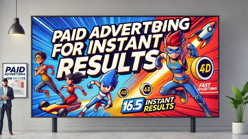 A bold and dynamic advertisement graphic featuring animated characters alongside the text 'Paid Advertising for Instant Results'.