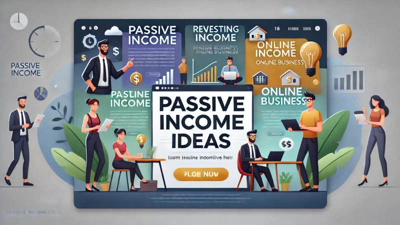 A professional, modern image with a bold heading that reads 'Passive Income Ideas.'