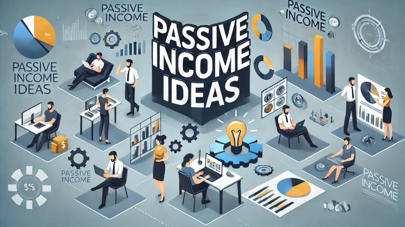 A professional, modern design featuring a bold headline that says 'Passive Income Ideas.' The layout uses a clean color scheme with a focus on clarity and visual appeal. 