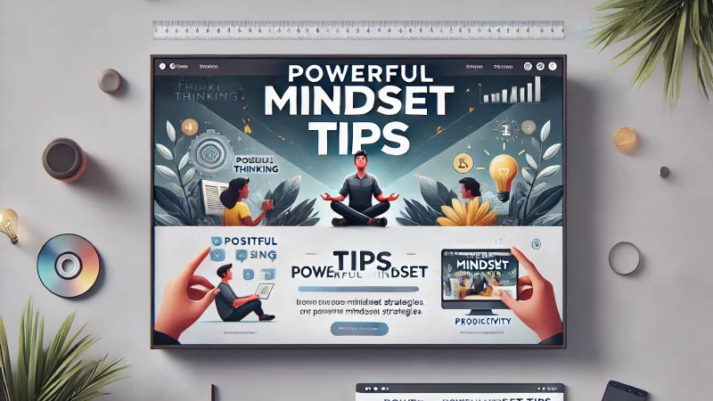 A modern, professional digital banner with a clean color scheme focused on a bold headline: 'Powerful Mindset Tips.'