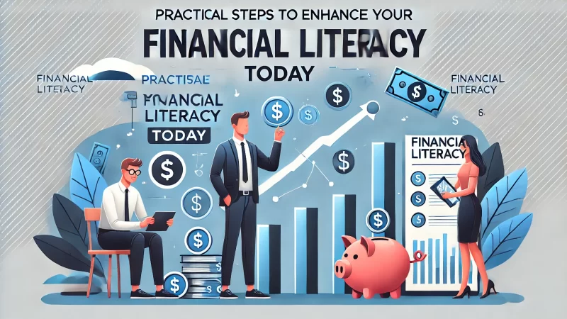 A refreshed 16_9 aspect ratio image with bold, clear text displaying 'Practical Steps to Enhance Your Financial Literacy Today'.