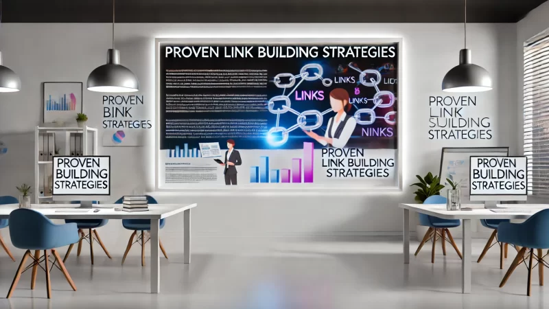 A professional, modern 16:9 image with the bold headline 'Proven Link Building Strategies' prominently displayed in a readable, clean font.