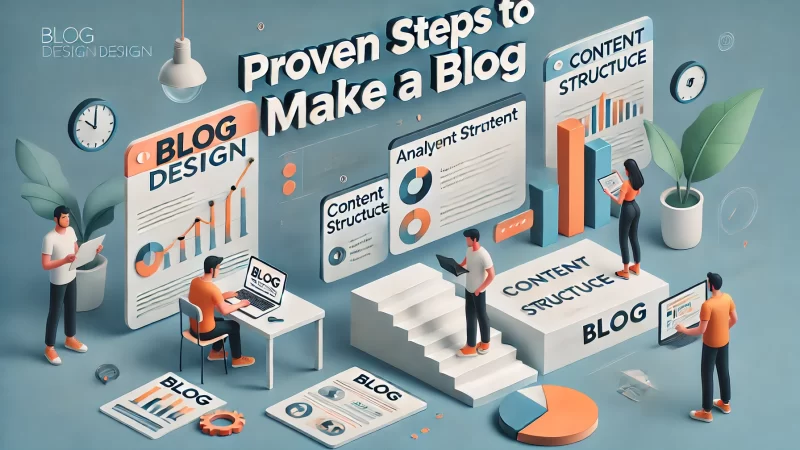 A sleek, professional blog design guide with a minimalistic layout. The heading reads 'Proven Steps To Make A Blog' 