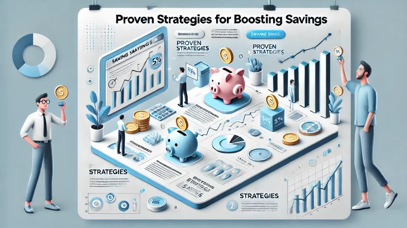 A modern and informative image layout with the heading 'Proven Strategies For Boosting Savings' in bold, readable font. 