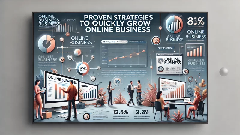 A modern, professional digital banner with a clean color scheme focused on a bold headline: 'Proven Strategies To Quickly Grow Online Business.' 