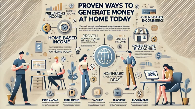 A professional, clean layout for an infographic titled 'Proven Ways To Generate Money From Home Today.' 